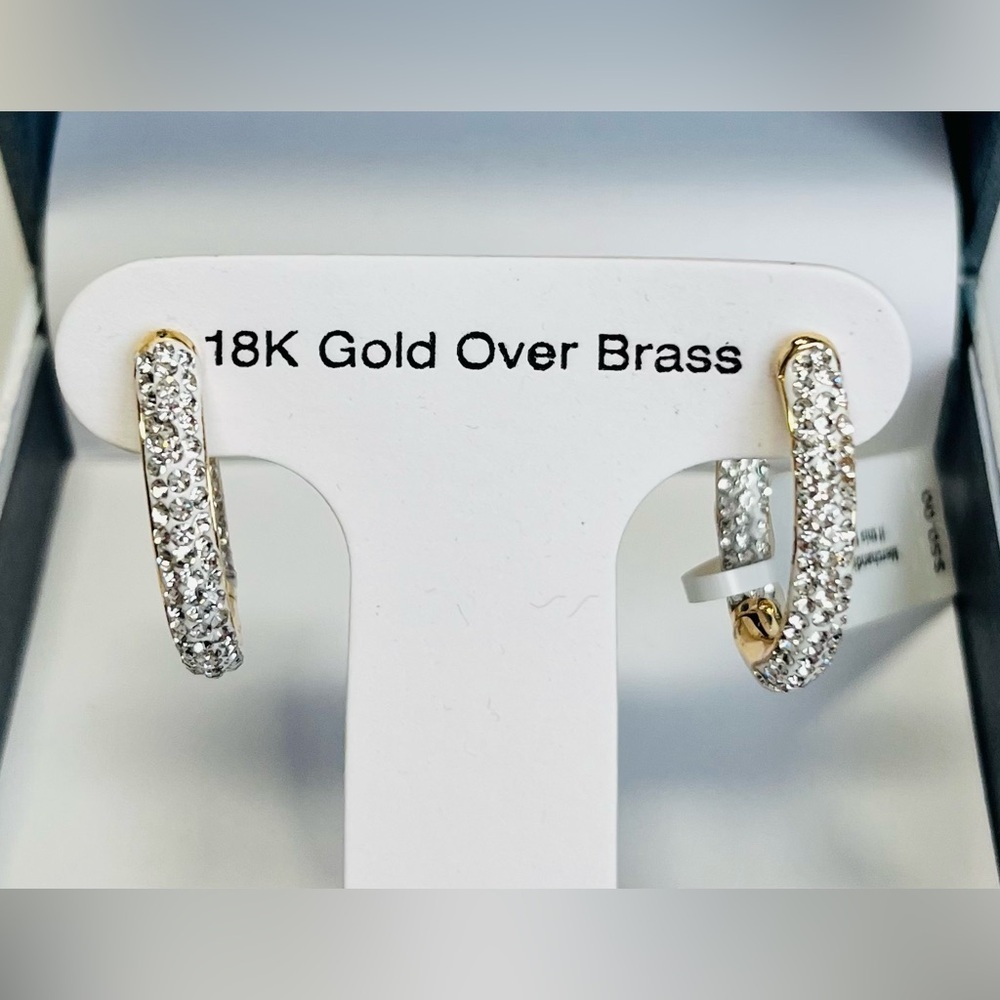 And Now This High Polished Hinged Crystal Pave Hoop Earring, Gold Plate - Picture 2 of 10